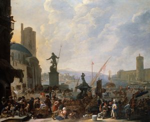 Un capriccio di un porto mediterraneo con la Fontana del Tritone di Bernini e un capriccio del Palais du Louvre, 1651 da Johannes Lingelbach