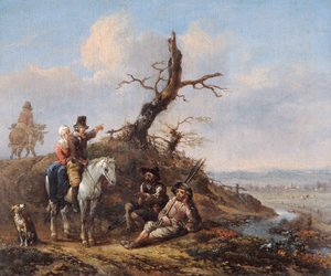 Paesaggio con viaggiatori che riposano e coppia a cavallo, XVII secolo