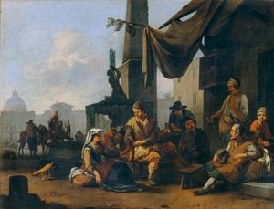 Contadini italiani che bevono alla porta di un albergo romano ...