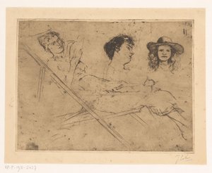 Studio di una donna su una sedia a sdraio e due teste da Johannes Löhr