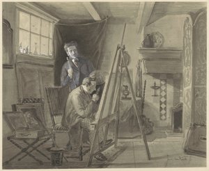 Autoritratto di Johannes Marius van Kate, in piedi nel suo studio con un visitatore