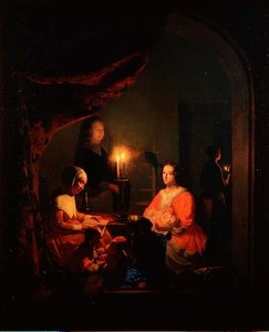 Una famiglia in un interno illuminato da candele da Johannes Rosiere