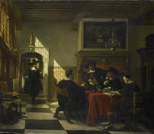 Compagnia in abiti del XVII secolo a un tavolo con una coppa di Nautilus da Johannes Stroebel