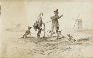Cacciatori con cani in un paesaggio con un mulino