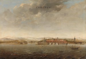Veduta di Cochin sulla costa del Malabar in India da Johannes Vinckboons (attributed to)