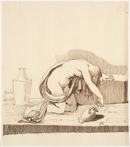 Donna nuda piegata in avanti (ubriaca) con brocca di vino vuota