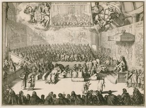 Una sessione alla Camera dei Comuni con Giorgio II sul trono da Johannes and Mortier, Cornelis Covens