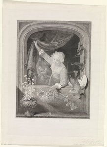 Donna con cesto di frutta in mano vicino alla finestra