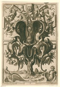 Ornamento a forma di conchiglia con figure intrappolate da Johannes of Lucas van Doetechum