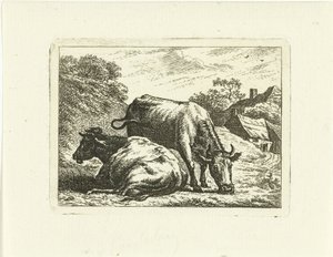 Due mucche lungo la strada vicino a una fattoria