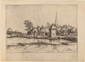 Villaggio di campagna con chiesa e ponte da Johannes van Doetechum, the Elder and Lucas