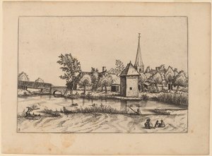 Villaggio di campagna con chiesa e ponte da Johannes van Doetechum, the Elder and Lucas