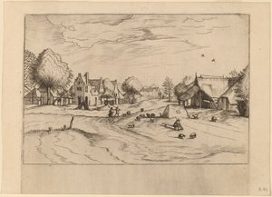 Villaggio di Campagna con Pecore e Pastore Seduto da Johannes van Doetechum, the Elder and Lucas