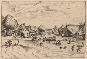 Villaggio di Campagna con Pecore e Pastore Seduto da Johannes van Doetechum, the Elder and Lucas