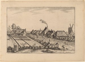 Campi e una strada di villaggio con mulino a vento da Johannes van Doetechum, the Elder and Lucas