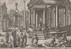 Zaccaria che esce dal tempio, dalla serie Eventi dentro e intorno al tempio, ca. 1572. Creatori: Johannes van Doetecum I, Lucas van Doetecum da Johannes and Lucas van Doetecum