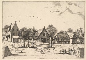 Villaggio di campagna, arcieri in primo piano da Multifariarum casularum ruriumque linea..., 1559-61 da Johannes van Doetecum I