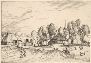 Villaggio di campagna con torre della chiesa da Multifariarum casularum ruriumque lineamenta cur..., 1559-61