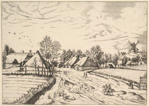 Villaggio di campagna con mulino a vento da Multifariarum casularum ruriumque lineamenta curios... da Johannes van Doetecum I