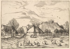 Fattorie, bestiame con mandriani e mungitrici in primo piano da Multifariarum casularu da Johannes van Doetecum I