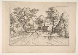 Strada del villaggio con una fattoria e capannoni, dalla serie, I piccoli paesaggi Multifariaru... da Johannes van Doetecum I