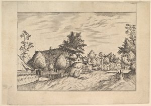 Strada del villaggio, fieno impilato davanti a una fattoria da Praediorum villarum et rusticar..., ca. 1559-61