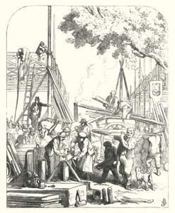 Operai sul sito del Crystal Palace, Hyde Park, Londra, sede della Grande Esposizione del 1851 da John (after) Gilbert