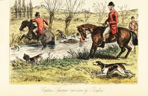 Cacciatore inglese che attraversa un fiume con cani da caccia da John (after) Leech