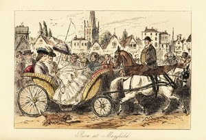 Signora inglese in abito crinolina con parasole guida un carretto trainato da pony per le strade affollate di una piccola città da John (after) Leech
