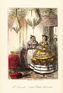Signora inglese che osserva una stanza elegante con mobili coperti e lampadari in palloncini di brown-holland da John (after) Leech
