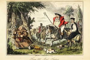 Re Enrico VIII in abito da caccia vittoriano con un bastone da pastore a cavallo inseguendo un monaco cattolico in fuga con l