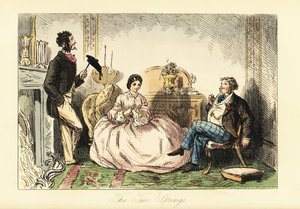 Signora in abito crinolina con due gentiluomini in un salotto da John (after) Leech