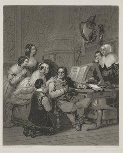 La famiglia di Cromwell che intercede per la vita di Carlo I, stampa di Alfred Johannot da John (after) Sartain