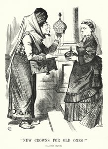 Cartone animato di Punch: Nuove Corone per Vecchie. Benjamin Disraeli (come Aladino) con la Regina Vittoria - il Royal Titles Act 1876 che riconosce la Regina come Imperatrice dell