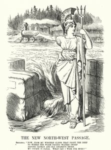 Vignetta di Punch: Il Nuovo Passaggio a Nord-Ovest - la Canadian Pacific Railway (incisione) da John (after) Tenniel