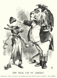 Cartone animato Punch: Il vero cappello della libertà - la superiorità della monarchia costituzionale britannica sul repubblicanesimo (incisione)