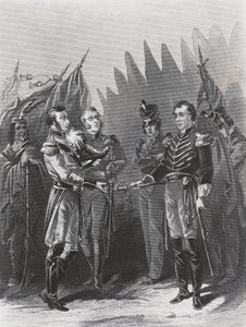 La resa del generale americano William Hull alle truppe britanniche e ai guerrieri nativi americani a Detroit, 15 luglio da Walter Charles Mills