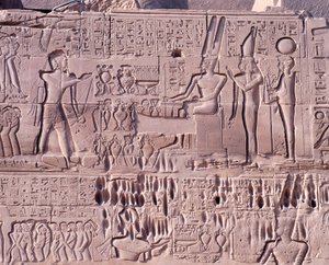 Egitto, Antica Tebe, Luxor, Complesso del Tempio di Karnak, Recinto di Amun-Re, Grande Sala Ipostila, Parete Nord, Rilievo con scene di guerra di Seti I in Siria e Palestina, (dettaglio) da Walter Charles Mills