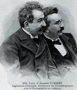 Ritratto di Auguste Marie Louis Nicolas Lumiere (1862-1954) e Louis Jean Lumiere (1864-1948), imprenditori e inventori francesi del proiettore cinematografico