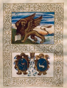 Il leone alato di Venezia e gli stemmi di Leffe e Gandino, miniatura dal Privilegio della Serenissima alla Val Gandino, 18 giugno