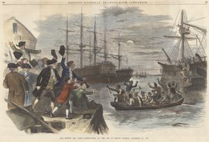 Il Boston Tea Party - Distruzione del tè nel porto di Boston, 16 dicembre 1773, da Ballous Pictorial Drawing-Room Companion pub. 1865 da John Andrew