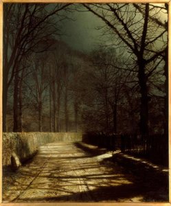 J.A.Grimshaw, Strada al chiaro di luna con due amanti vicino a un cancello / Gem. da John Atkinson Grimshaw