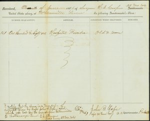 Copia contemporanea della ricevuta dei magazzini del Quartiermastro, originale firmato John B. Tope, Capitano, 12th Tennessee Cavalry, 11 giugno 1864 da John B. Tope