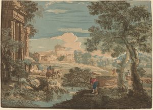 Paesaggio Eroico con Pescatore, Mucche e Cavalieri da John Baptist Jackson after Marco Ricci