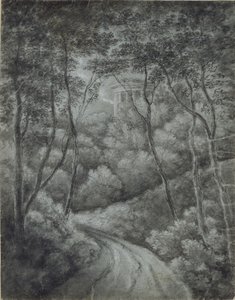 Paesaggio con un sentiero attraverso una foresta e un tempio classico