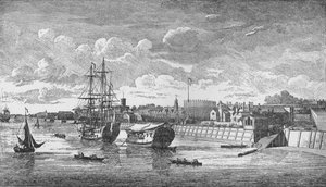 Cantiere navale di Woolwich dal Tamigi, c1750