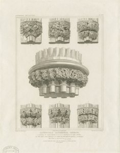 Interno della Cattedrale di Lichfield - Pilastro a grappolo nella Sala Capitolare e Staffe nella Cappella della Madonna: incisione, nd [c 1819]