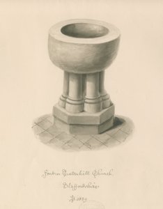 Fonte battesimale nella chiesa di Tatenhill: disegno a lavaggio seppia da John Buckler