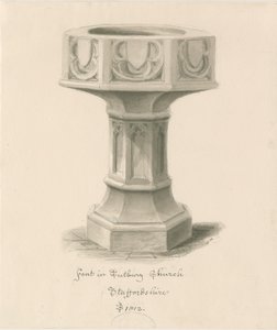 Fonte battesimale nella Chiesa di Tutbury Priory: disegno a seppia