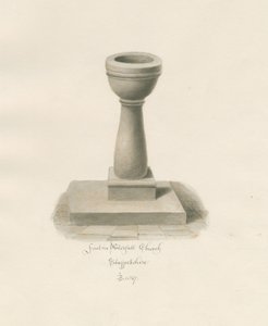 Fonte battesimale nella chiesa di Waterfall: disegno a seppia da John Buckler